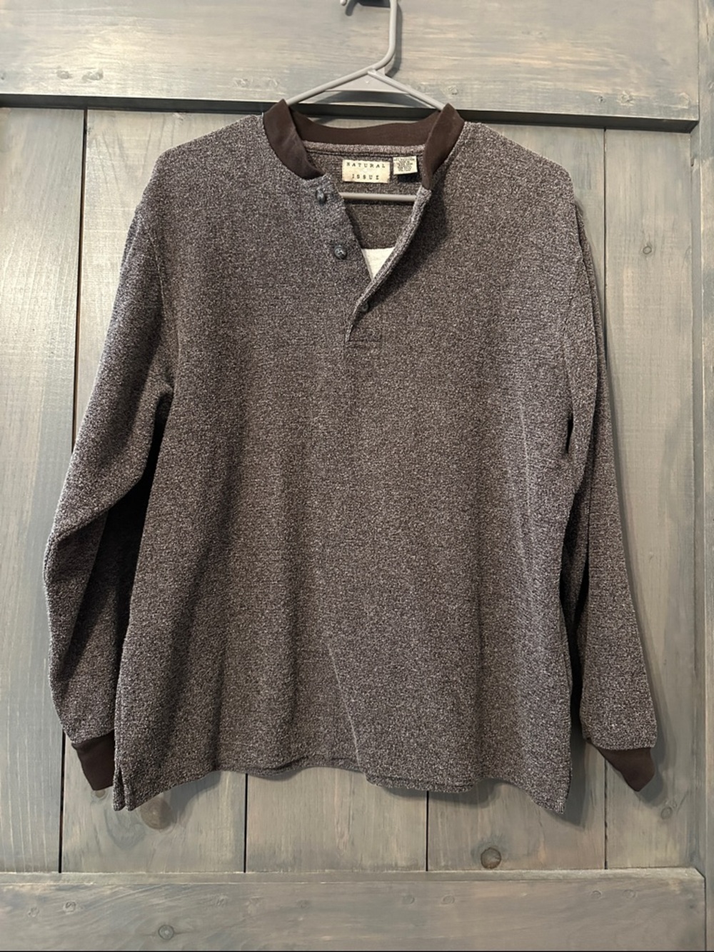 Natural Issue Brown Heathered Henley Pullover with Dark Brown Trim
